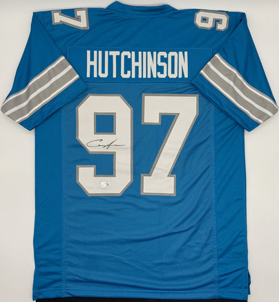 Aidan Hutchinson Autographed Detroit Lions Blue Custom Football Jersey Beckett CoA.