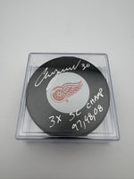 Chris Osgood Autographed & Inscribed Stanley Cup Detroit Red Wings Hockey Puck JSA CoA