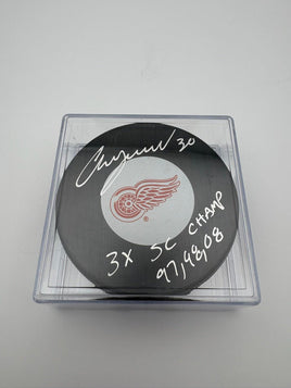 Chris Osgood Autographed & Inscribed Stanley Cup Detroit Red Wings Hockey Puck JSA CoA