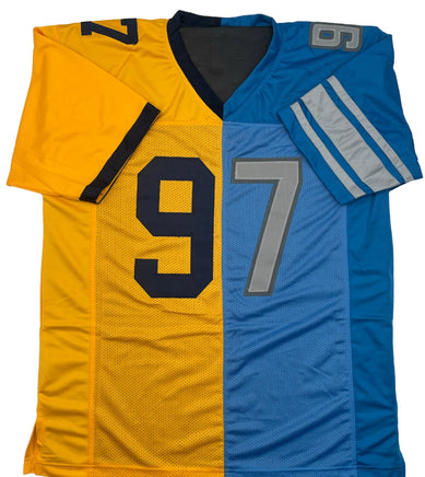 Yellow and blue sports jerseys with numbers on a white background