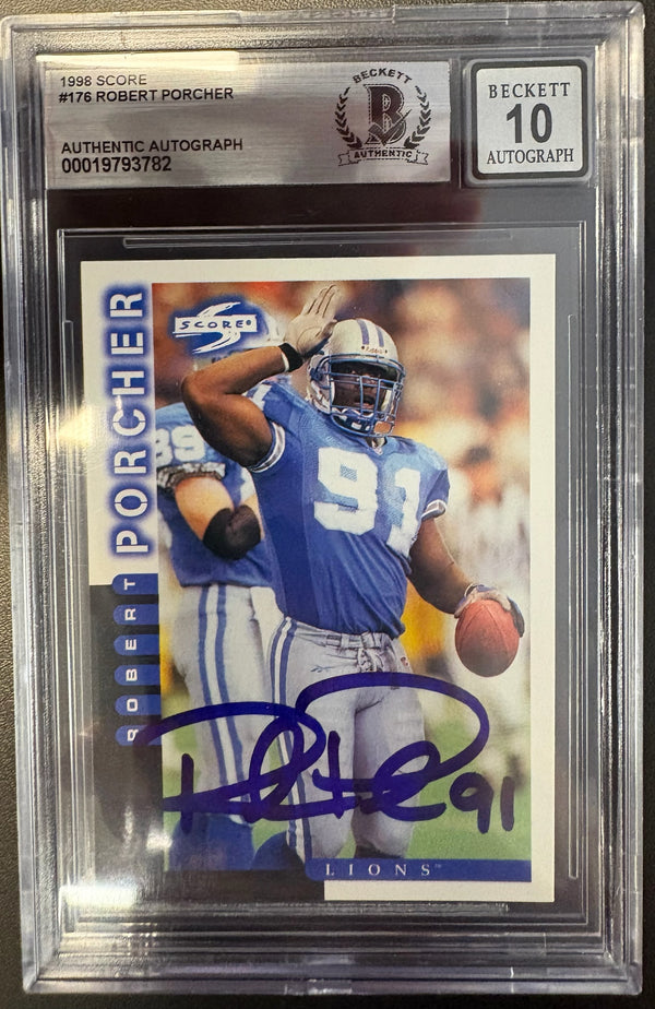 Robert Porcher Autographed Detroit Lions Football Card Beckett Authenticated Auto Grade 10.