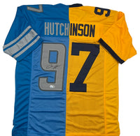 Two sports jerseys, one blue and one yellow, with the name 'Hutchinson' and number '7' displayed.