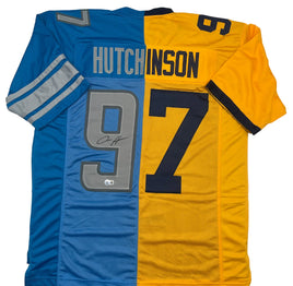 Two sports jerseys, one blue and one yellow, with the name 'Hutchinson' and number '7' displayed.