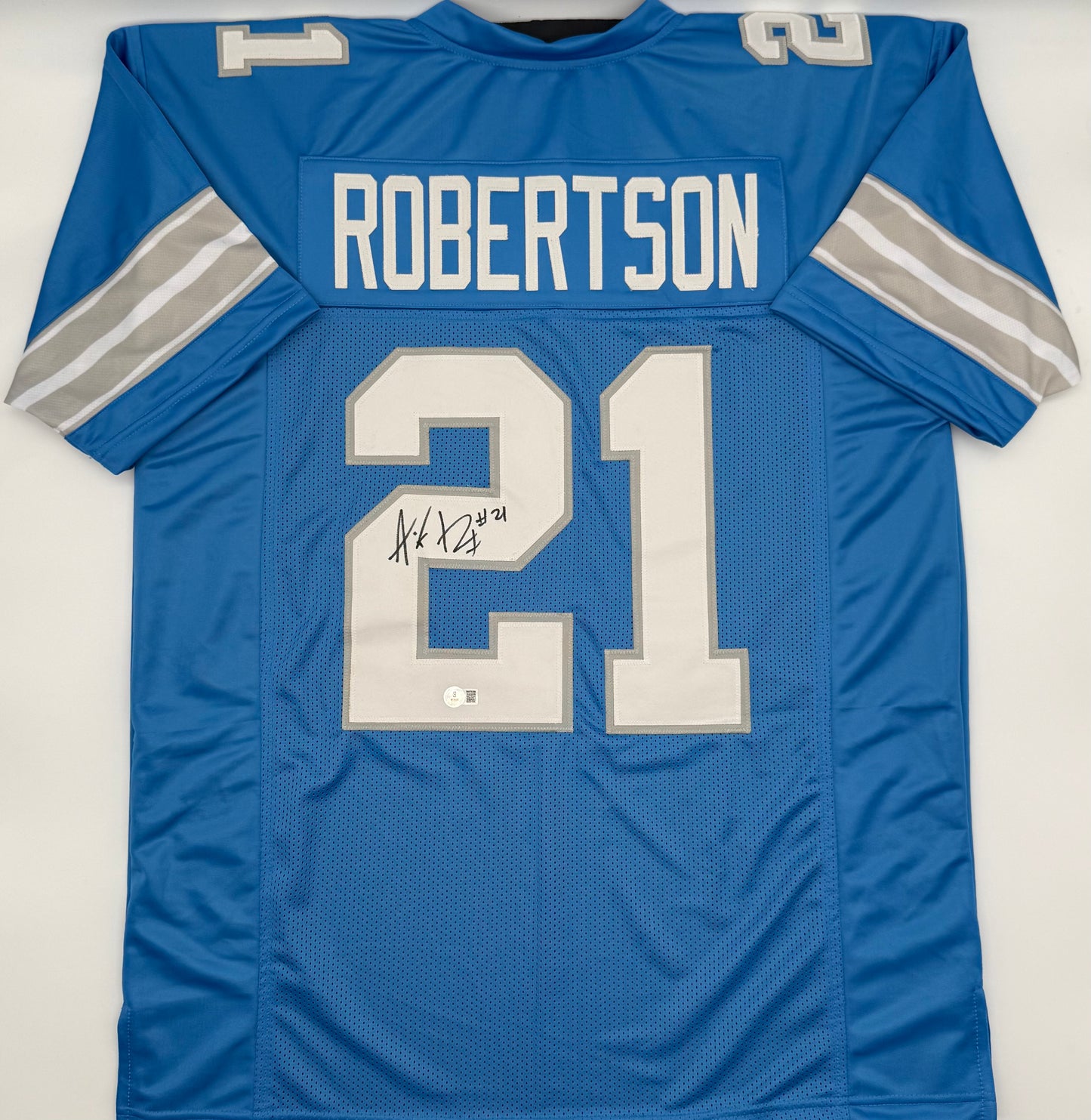 Amik Robertson Signed Autographed Detroit Lions Blue Custom Jersey with Beckett Certificate of Authenticity (CoA)