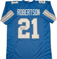 Amik Robertson Autographed Detroit Lions Blue Custom Football Jersey Beckett CoA