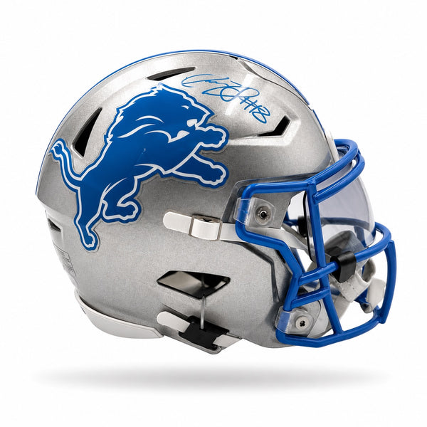 Silver football helmet with blue face mask and logo on a white background