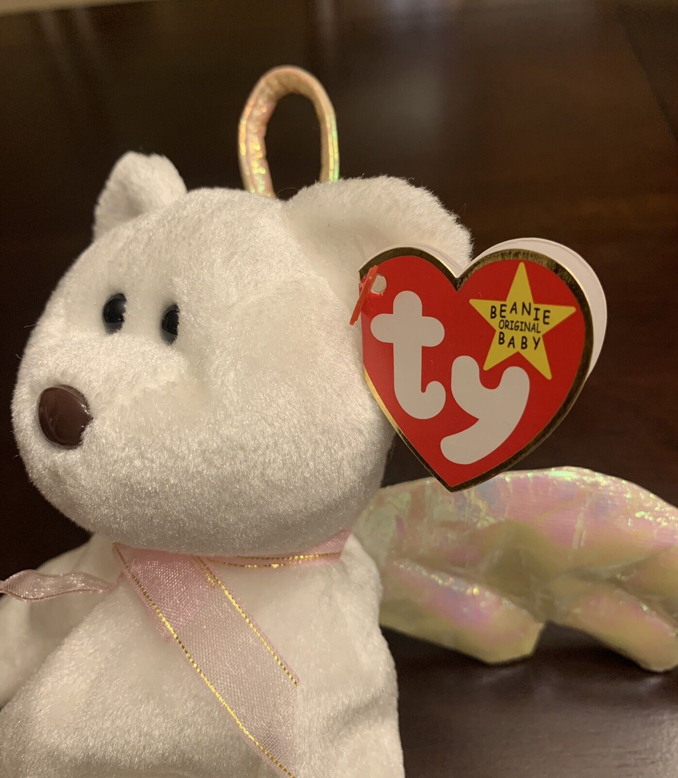 RARE 1998 Ty Beanie Baby Halo Angel Bear with BROWN NOSE! Tush Tag 442 ERRORS