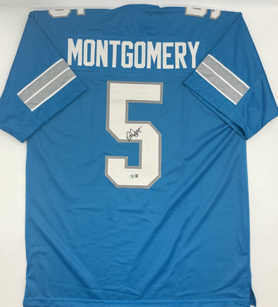 David Montgomery Autographed Detroit Lions Blue Custom Football Jersey Beckett CoA.