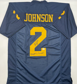 Will Johnson Autographed & Inscribed Michigan Navy Custom Football Jersey JSA CoA