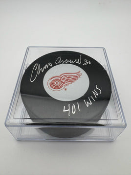 Chris Osgood Autographed & Inscribed 401 Wins Detroit Red Wings Hockey Puck JSA CoA.