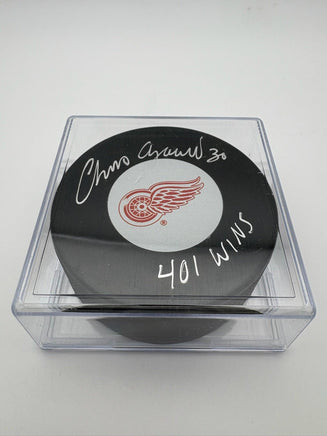 Chris Osgood Autographed & Inscribed 401 Wins Detroit Red Wings Hockey Puck JSA CoA.
