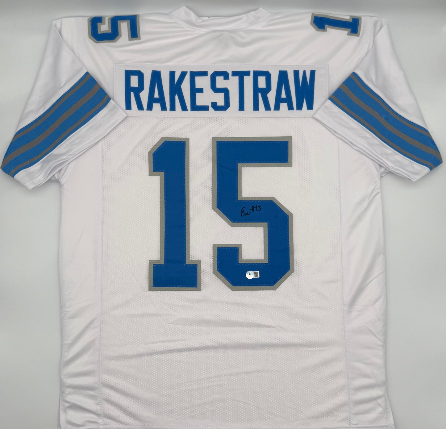 ENNIS RAKESTRAW JR. SIGNED AUTOGRAPHED DETROIT LIONS WHITE CUSTOM JERSEY BECKETT CoA