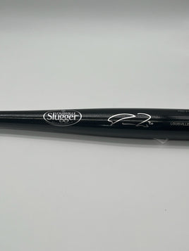 Black baseball bat with a logo on a white background
