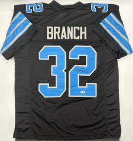 Black sports jersey with blue numbers and lettering on a white background