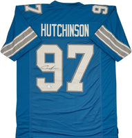 Aidan Hutchinson Autographed Detroit Lions Blue Custom Football Jersey Beckett CoA.