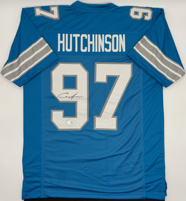 Aidan Hutchinson Autographed Detroit Lions Blue Custom Football Jersey Beckett CoA.