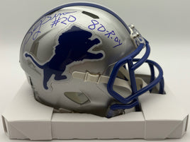 Billy Sims Autographed & Inscribed Detroit Lions Throwback Mini Football Helmet Beckett CoA.