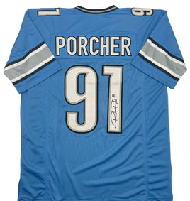 Blue sports jersey with 'PORCHER' and number '91' on a white background