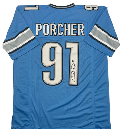 Blue sports jersey with 'PORCHER' and number '91' on a white background