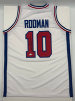 Dennis Rodman Autographed Detroit Pistons White Custom Basketball Jersey JSA CoA.