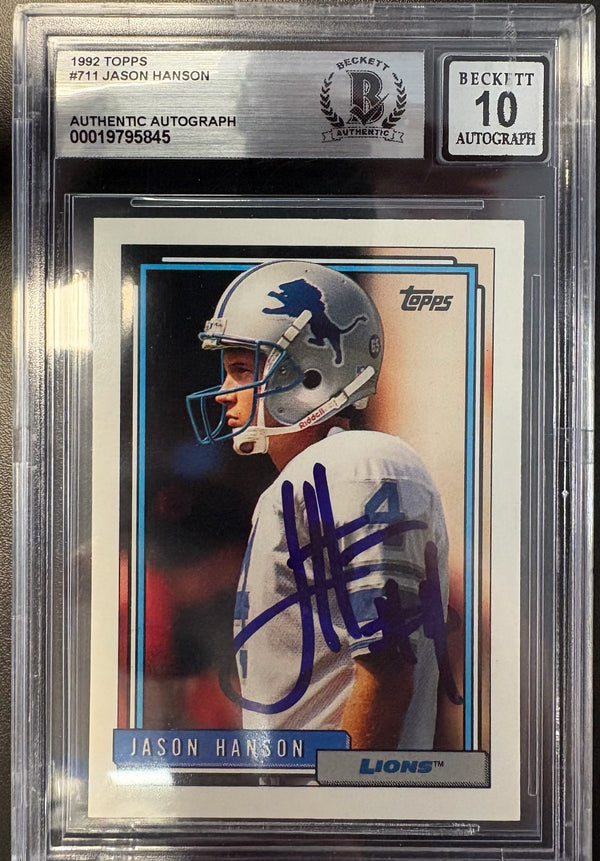 Jason Hanson Autographed Detroit Lions Football Card Beckett Authenticated Auto Grade 10.