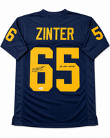 Zak Zinter Autographed Michigan Navy Custom Football Jersey with Inscription JSA CoA