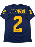 Will Johnson Autographed & Inscribed Michigan Navy Custom Football Jersey JSA CoA