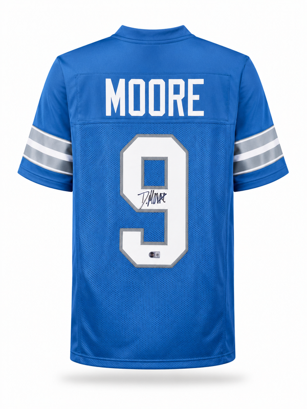 Derrick Moore Autographed Detroit Lions Blue Custom Football Jersey Beckett CoA