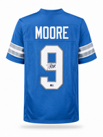 Derrick Moore Autographed Detroit Lions Blue Custom Football Jersey Beckett CoA