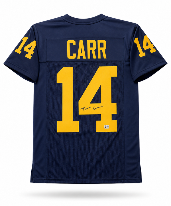 Tommy Carr Autographed Michigan Wolverines Navy Custom Football Jersey Beckett CoA