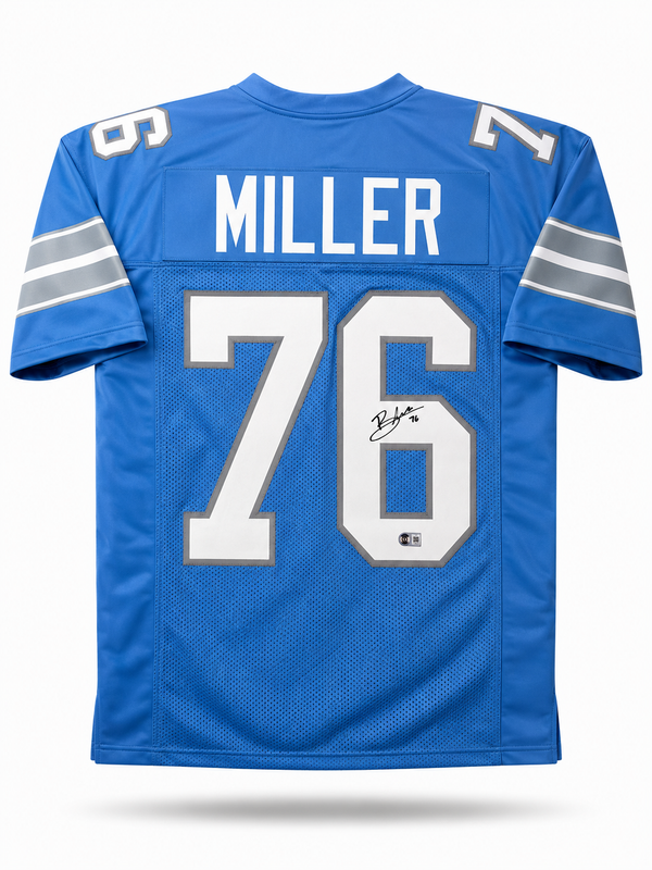 Blake Miller Autographed Detroit Lions Blue Custom Football Jersey Beckett CoA