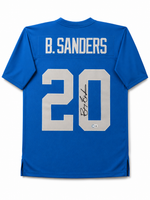 Barry Sanders Autographed Detroit Lions Blue Throwback Thanksgiving Mitchel & Ness Football Jersey Schwartz CoA