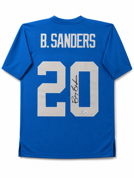 Barry Sanders Autographed Detroit Lions Blue Throwback Thanksgiving Mitchel & Ness Football Jersey Schwartz CoA