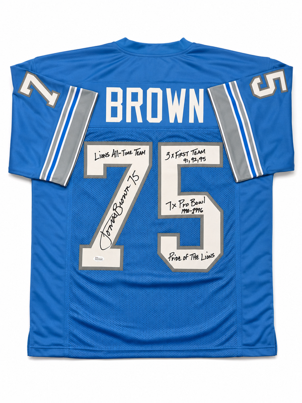 Lomas Brown Autographed And Inscribed Detroit Lions Blue Custom Football Jersey JSA CoA